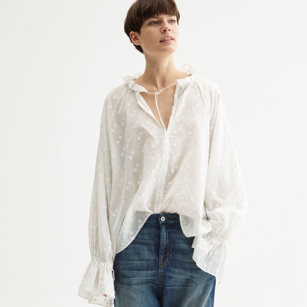 Nili Lotan Thelina Bell Sleeve White Crosshatch Swiss Dot Blouse S Sheer